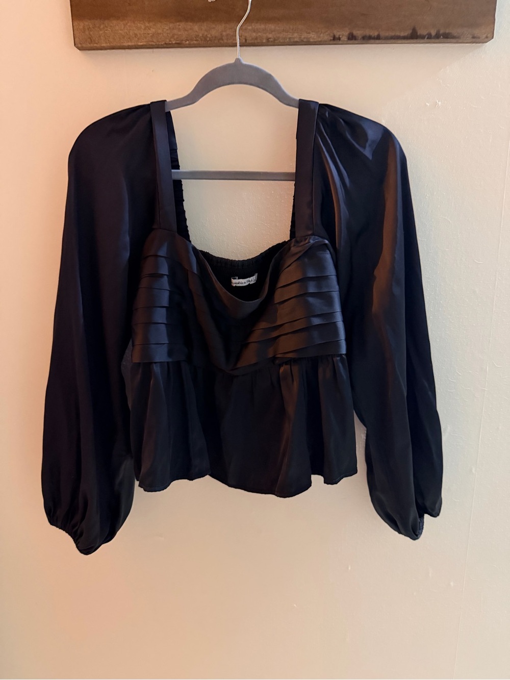 Abercrombie & Fitch Black Satin Peplum Crop Blouse with Bishop Sleeves